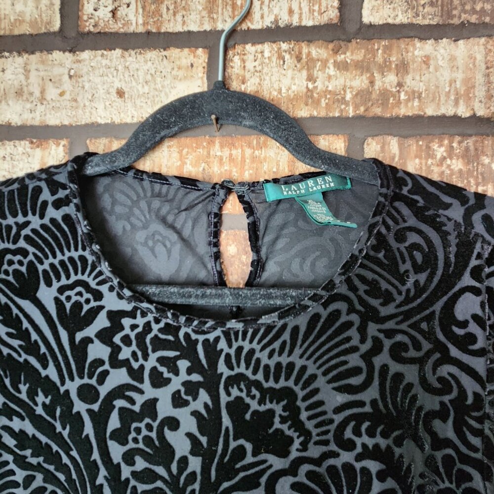 Lauren Ralph Lauren Black Velvet Burnout Long Sleeve Peplum Waist Top Size XL - Picture 2 of 4